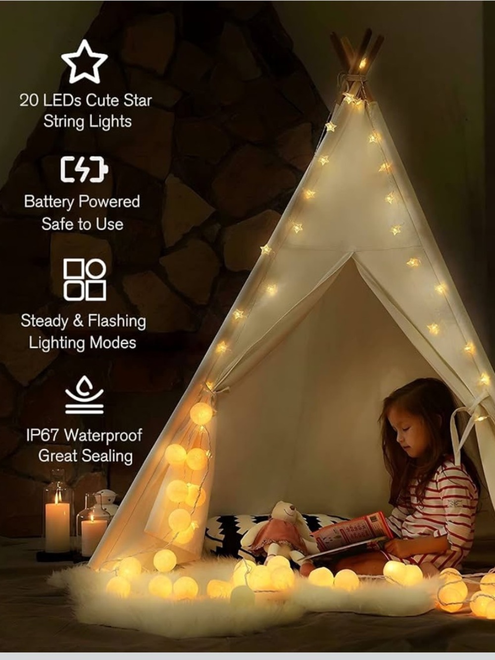 Star Fairy String Lights in Warm White Battery Operated Set of 2 Strings - Picture 2 of 7